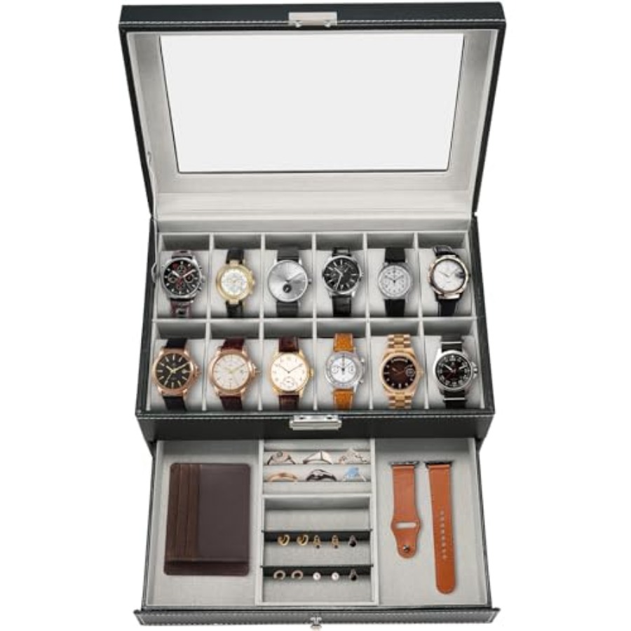 Jewelry Watches Box - 12 Slot PU Leather Lockable Watch