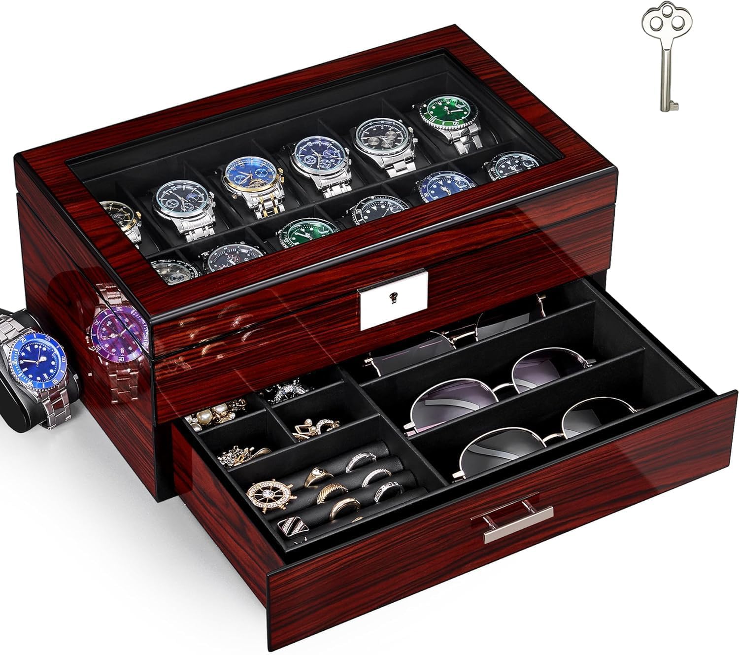 12-Slot Watch Box with Glass L - огляд і ціна Jewelry Watches Box