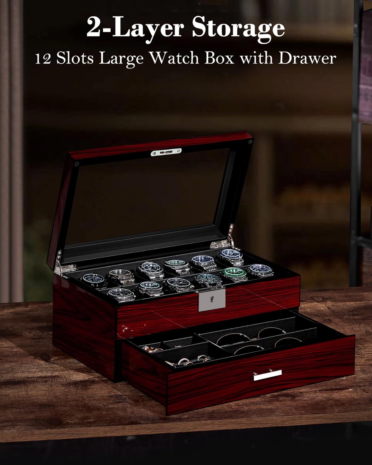 12-Slot Watch Box with Glass L - огляд і ціна Jewelry Watches Box