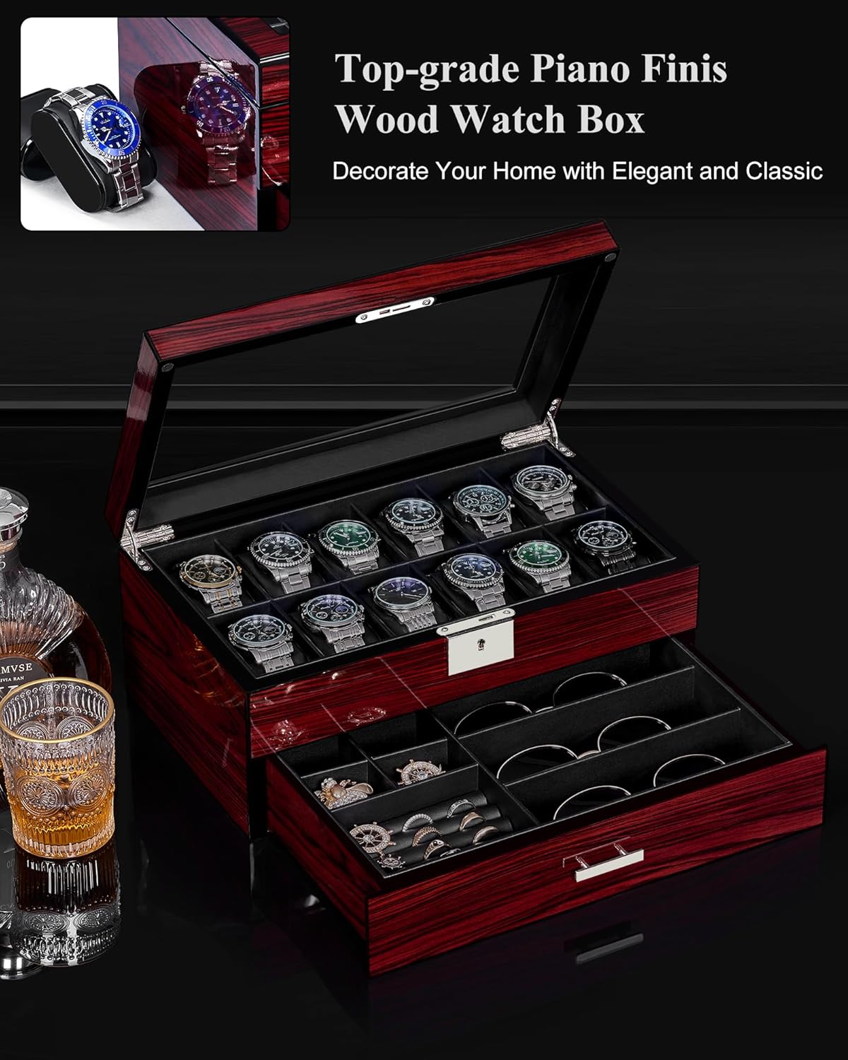 12-Slot Watch Box with Glass L - огляд і ціна Jewelry Watches Box
